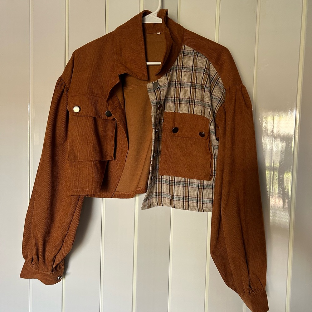Brown Corduroy and Plaid Cropped Jacket